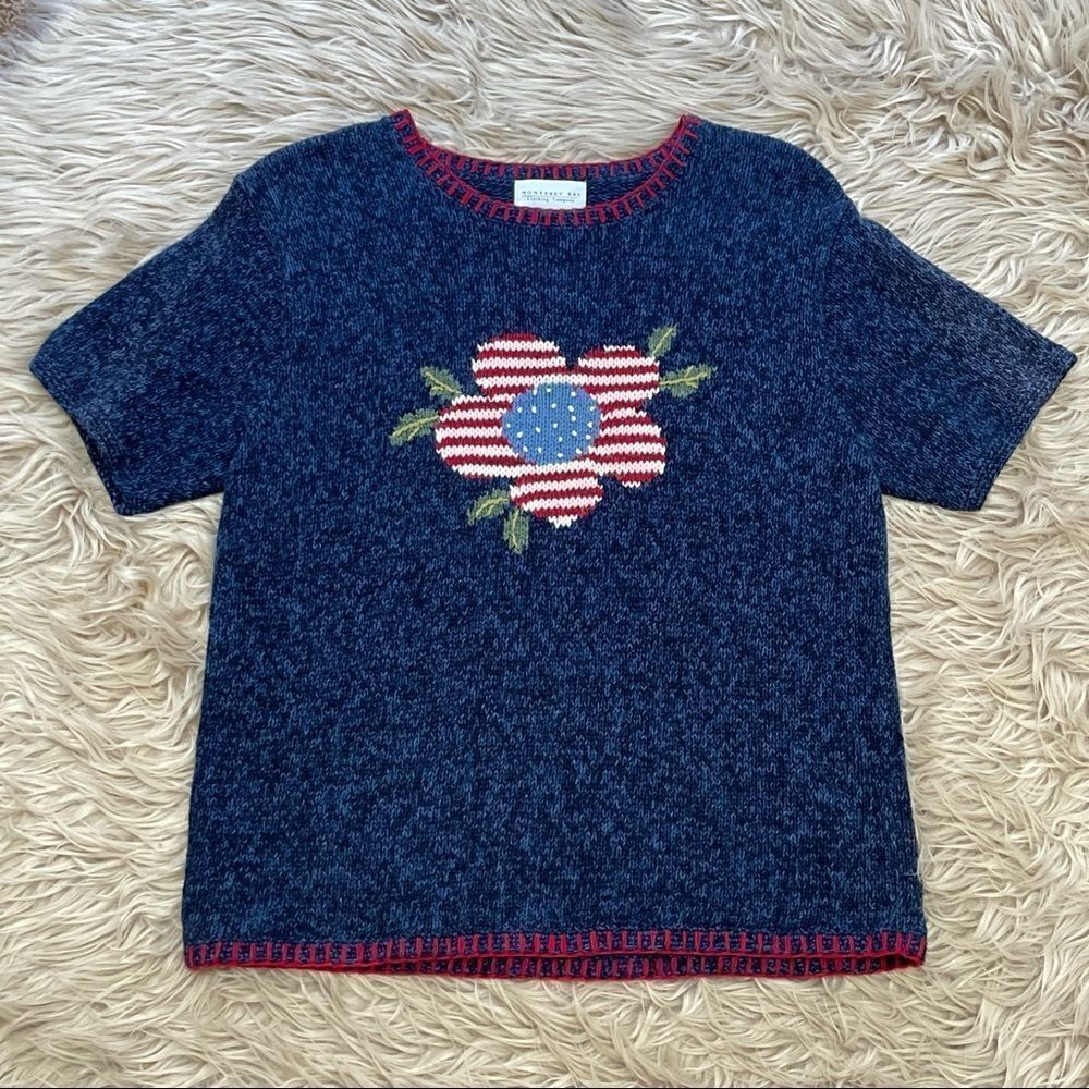American flag knitted Monterey bay linen blend sweater